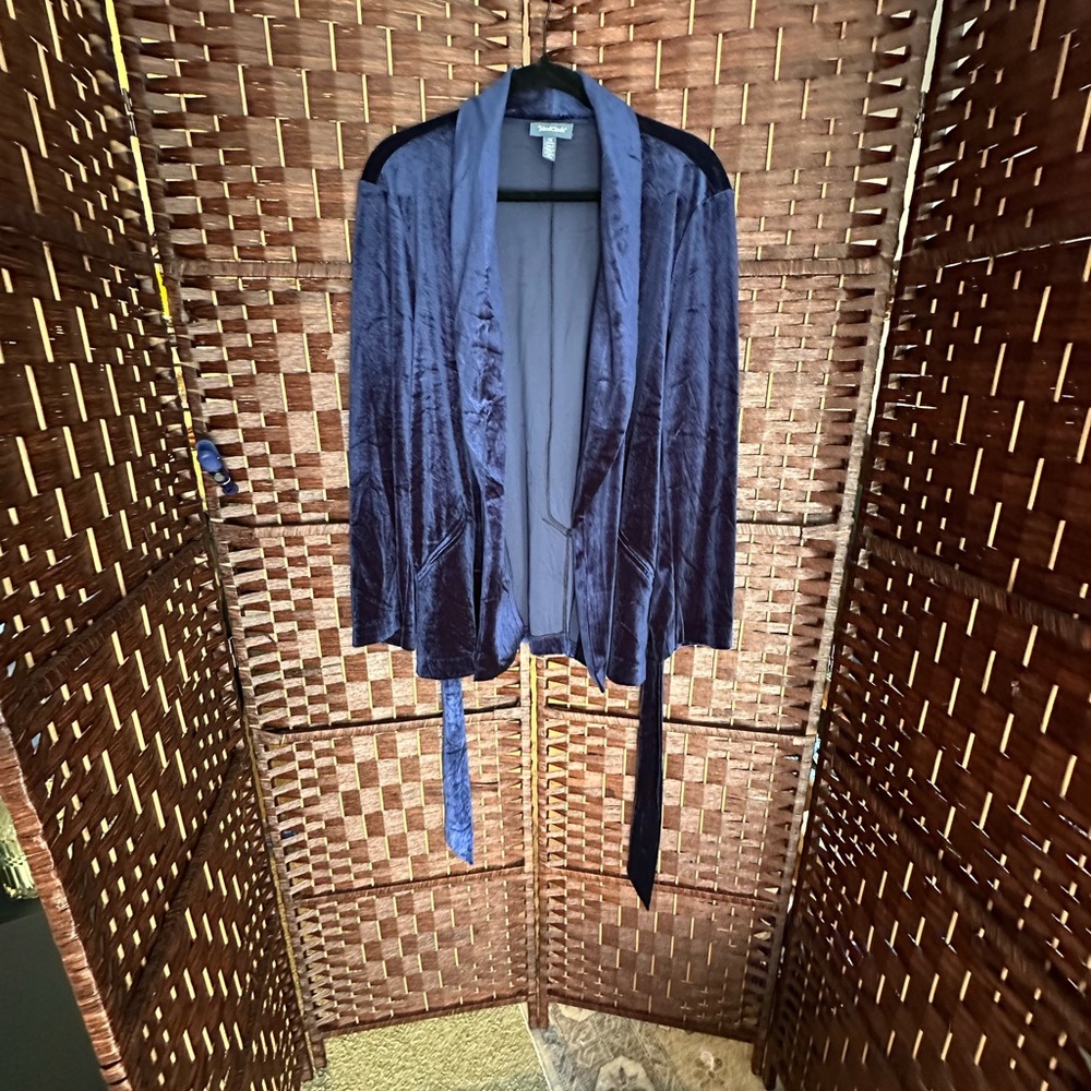 Women’s XL ModCloth Velvet Smoking Jacket Open Cardigan in Deep Blue NWOT